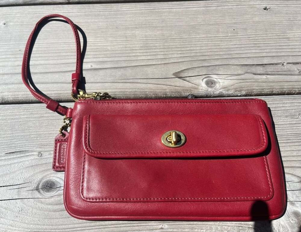 Coach Red Leather Turn-Lock Wristlet Clutch Bag